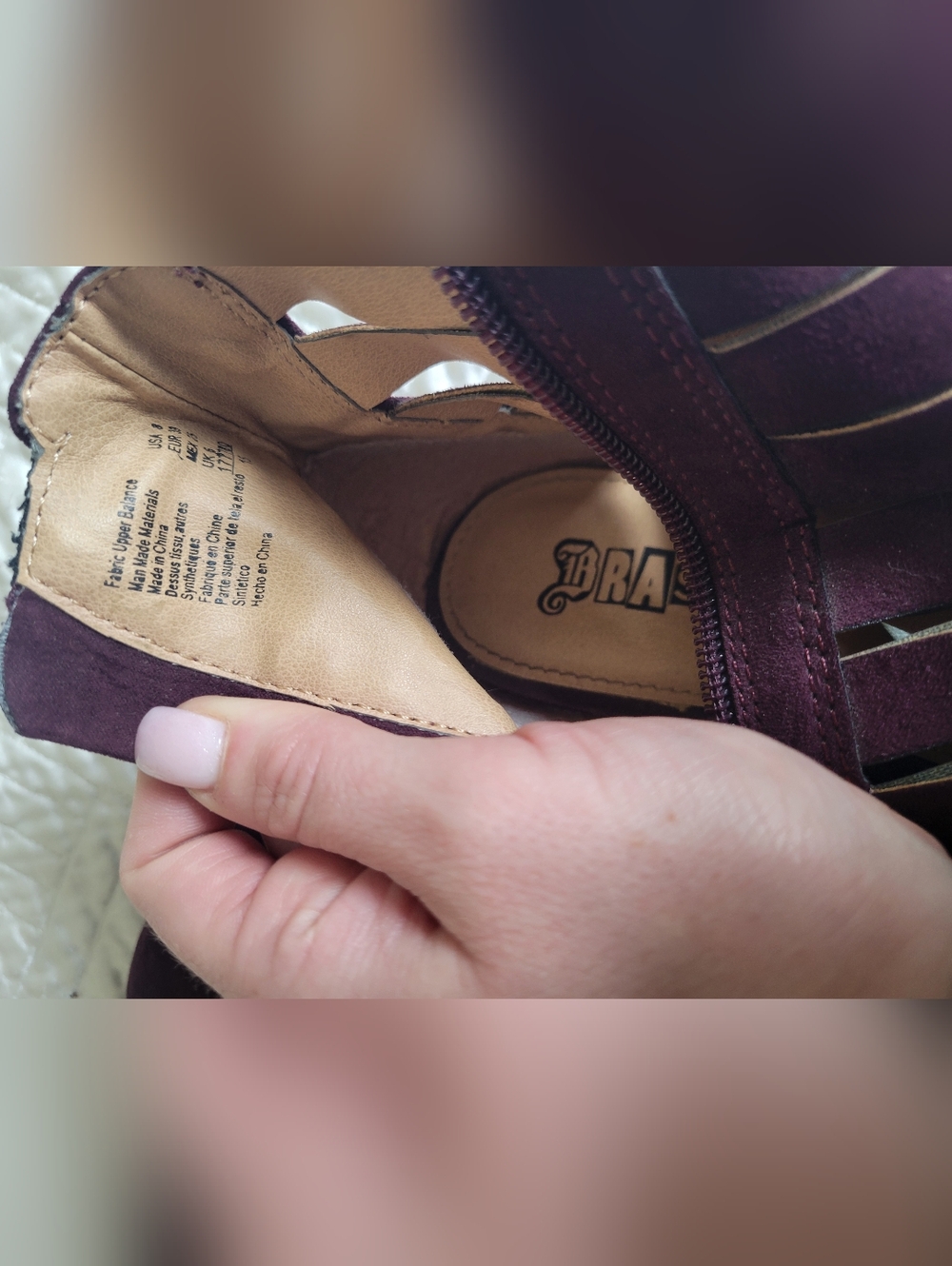 Brash Plum Suede Strappy Block Heel Sandals Boho Cutout Zip Back Size 8 - Picture 2 of 7